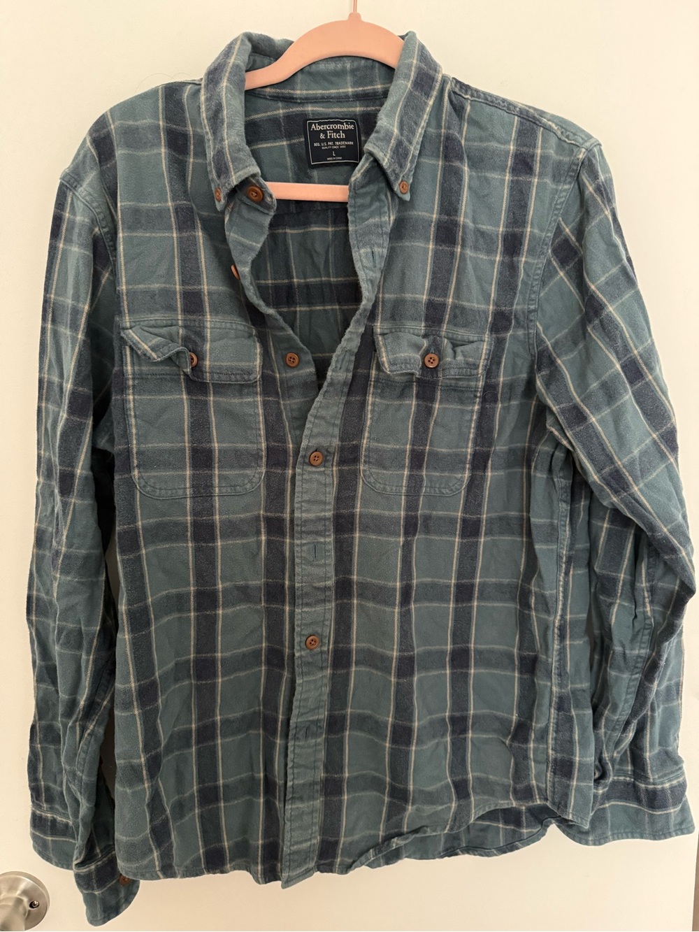 Abercrombie & Fitch Men's Teal and Navy Plaid Button-Down Shirt
